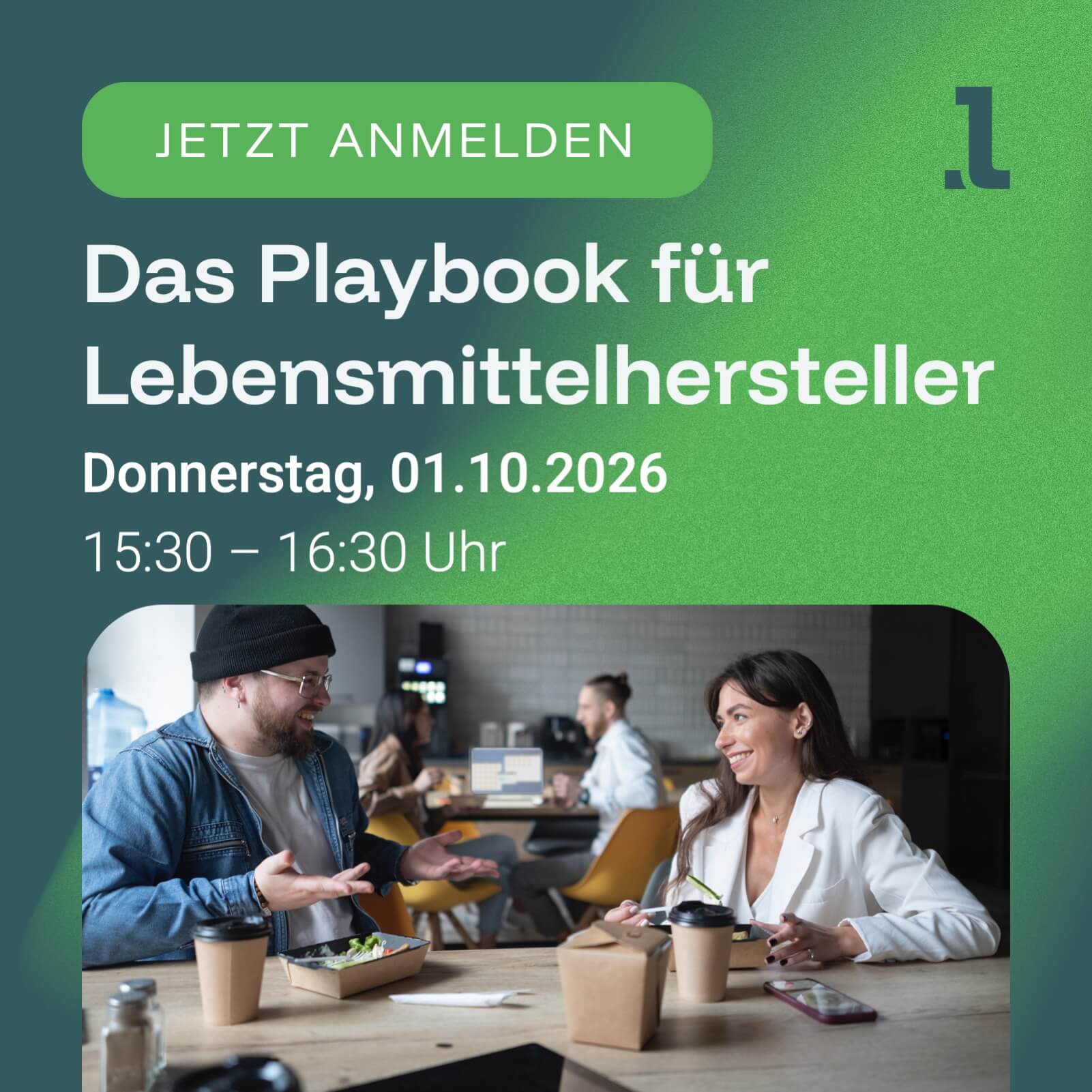 Zwei Menschen unterhalten sich auf dem Tisch sind Verpackungen von Essen. Es ist ein Cover für ein Webinar für Lebensmittelhersteller, um diesen bei den diversen Anforderungen zu helfen.