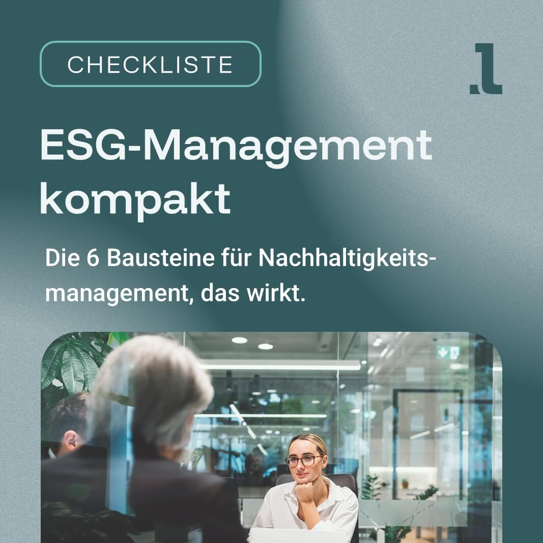 Grafik ESG-Management kompakt Checkliste - Dame sitzt mit Männern an einem Tisch