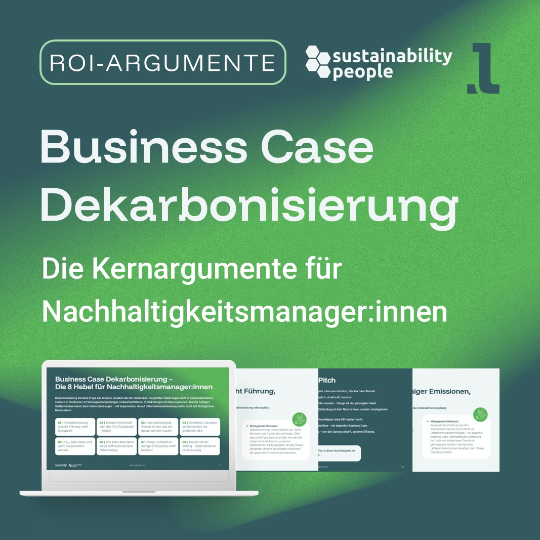 Computer mit 8 Kernargumenten für Nachhaltigkeitsmanager:innen zum Business Case Dekarbonisierung