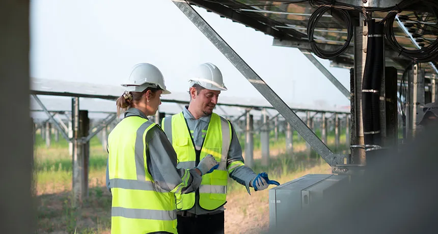 ESG und ISO Branchenlösung Bauwirtschaft, Mehrwert wirkungserprobte Dekarbonisierungshebel, Mann und Frau in Warnwesten begutachten Solarpanel-Konstruktion