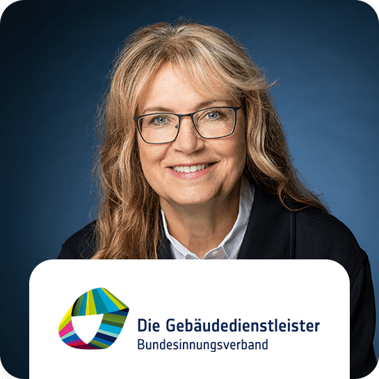 Logo of the German Federal Guild Association for Building Cleaning (Bundesinnungsverband des Gebäudereiniger-Handwerks) in front of a portrait photo of Managing Director Christine Sudhop