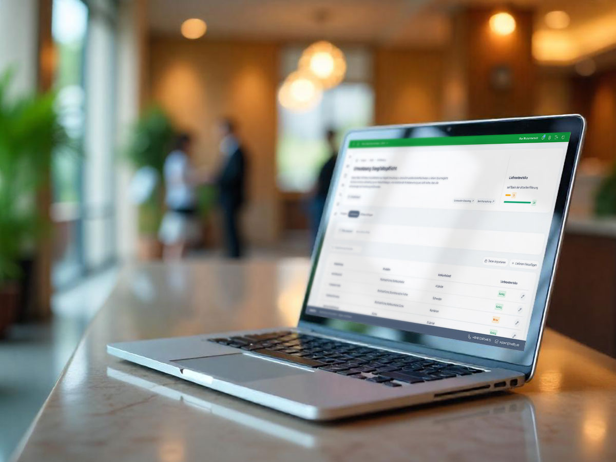 Hotels Richtlinien Marketing Branchenlösung Hotels Richtlinien Marketing, Laptop an Rezeption