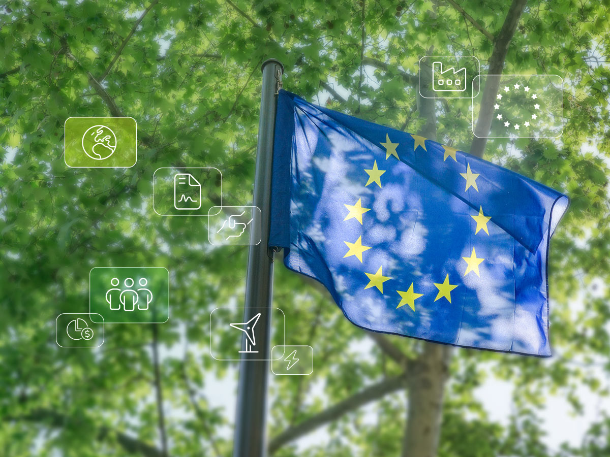Header CSR & Omnibus Verfahren 2025, Europa Flagge, Baumkrone im Hintergrund, transparente Icons
