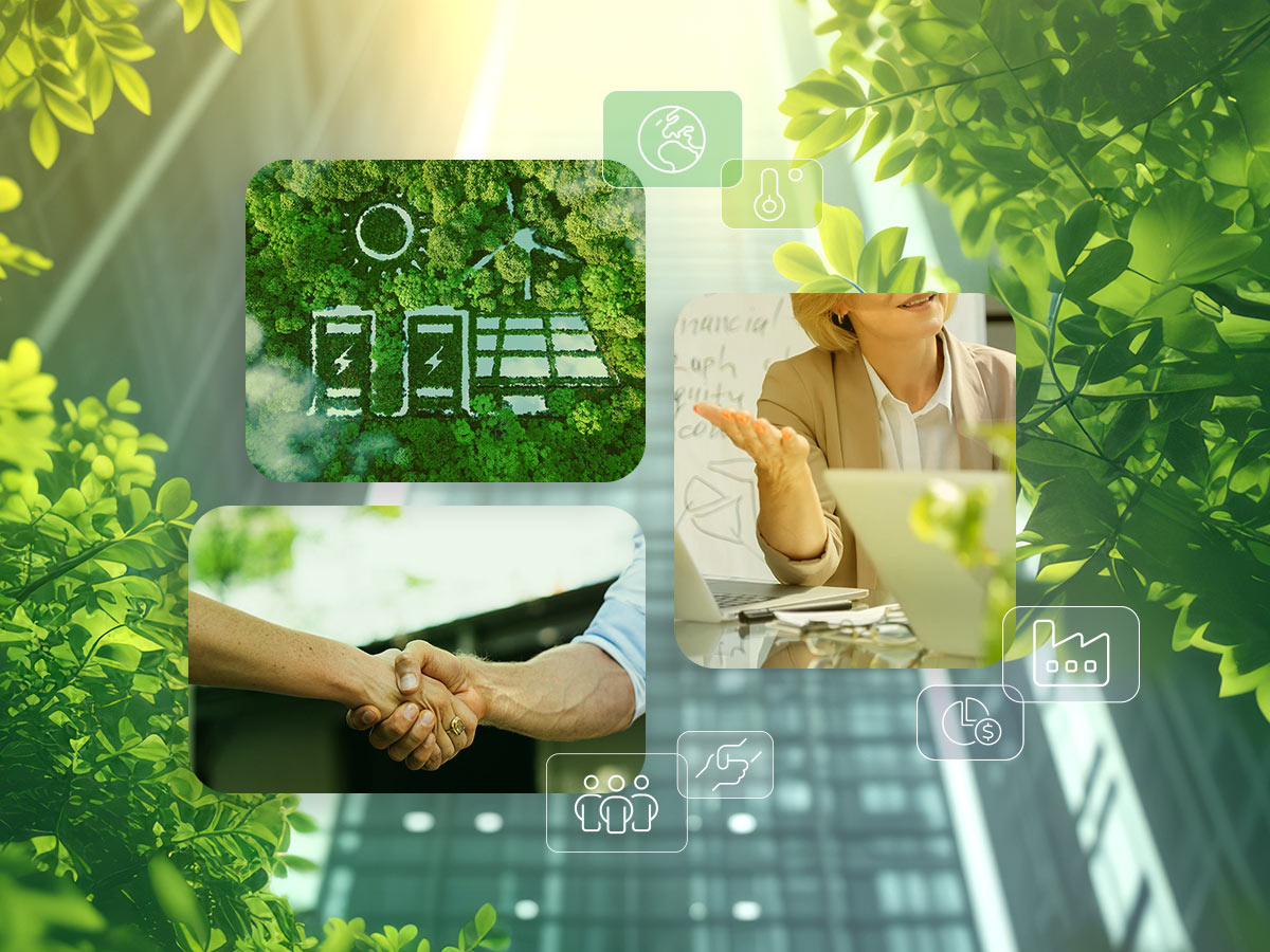 Titelbild ESG-Kriterien - Klimasymbole, Frau am Laptop, Handschlag, im Hintergrund Hochhäuser und Bäume
