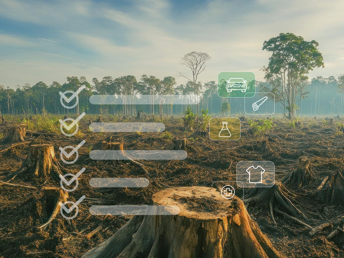 Titelbild EUDR Checkliste, abgeholzte kahle Ebene, Regenwald im Hintergrund, transparente Checklisten Symbole