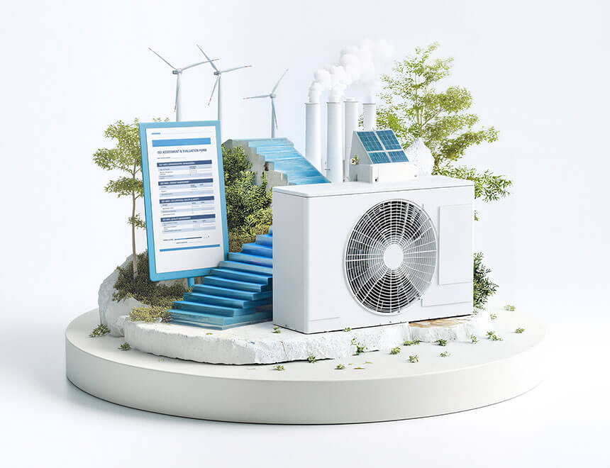 Symbolbild für ISO 50001 mit Solaranlage, Windrädern, Wärmepumpe, Fabrik und Energie-Checkliste.