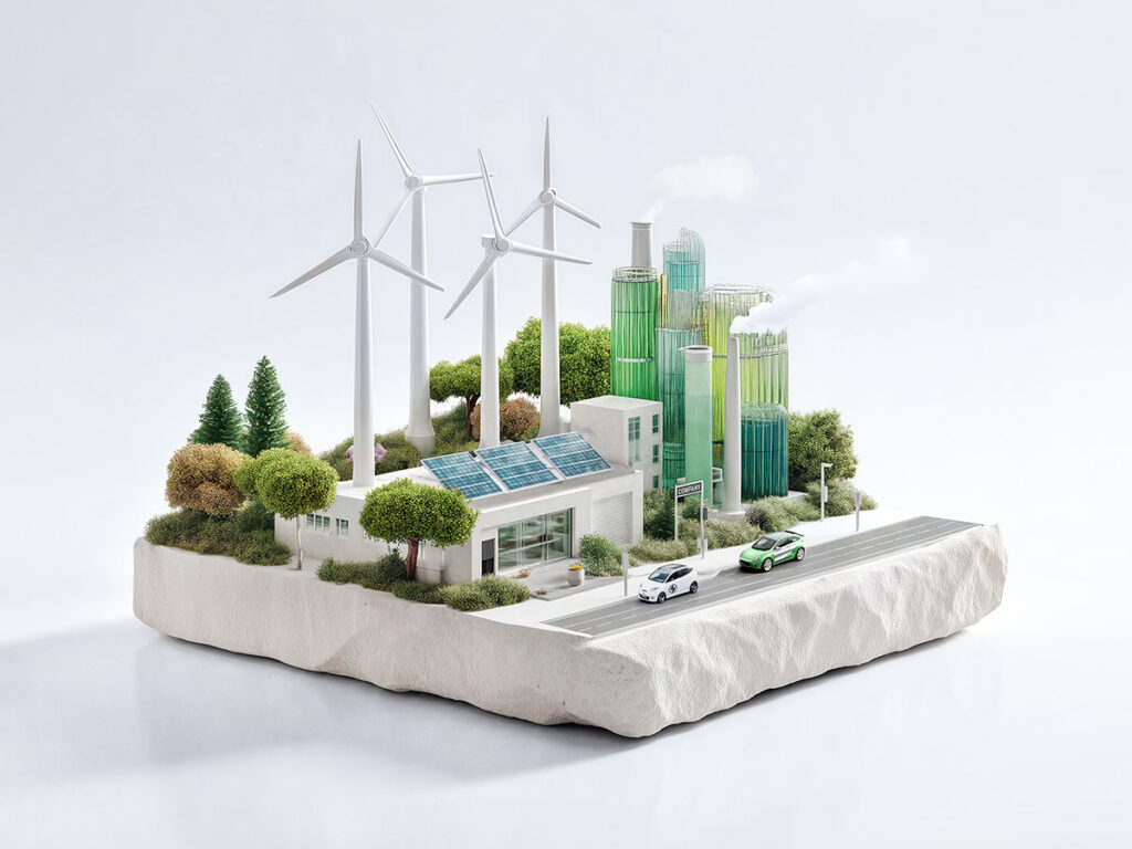 3D Welt auf einem weißen Sockel mit Windrädern, einem kleinen weißen Bürogebäude mit Solarpanelen auf dem Dach, eine Straße davor, darauf fahren zwei Elektroautos, gläserne rauchende Türme im Hintergrund, Grün- und Blautöne