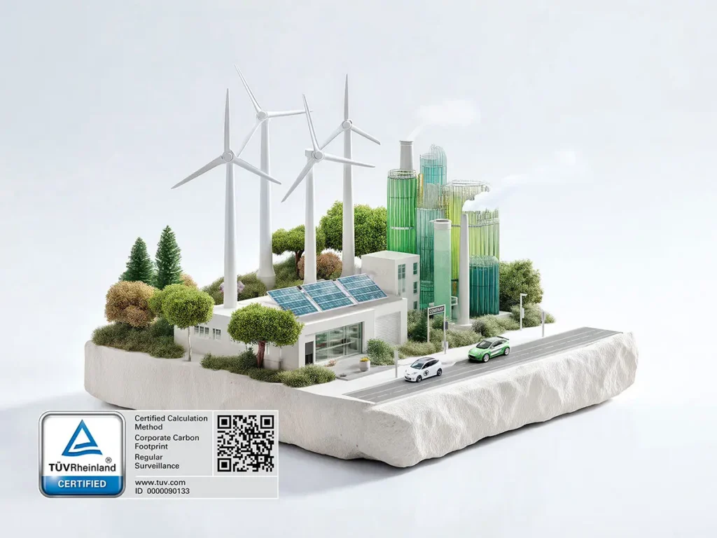 3D Welt auf einem weißen Sockel mit Windrädern, einem kleinen weißen Bürogebäude mit Solarpanelen auf dem Dach, eine Straße davor, darauf fahren zwei Elektroautos, gläserne rauchende Türme im Hintergrund, Grün- und Blautöne, inkl TÜV-Siegel für Klimabilanz (CCF) Modul