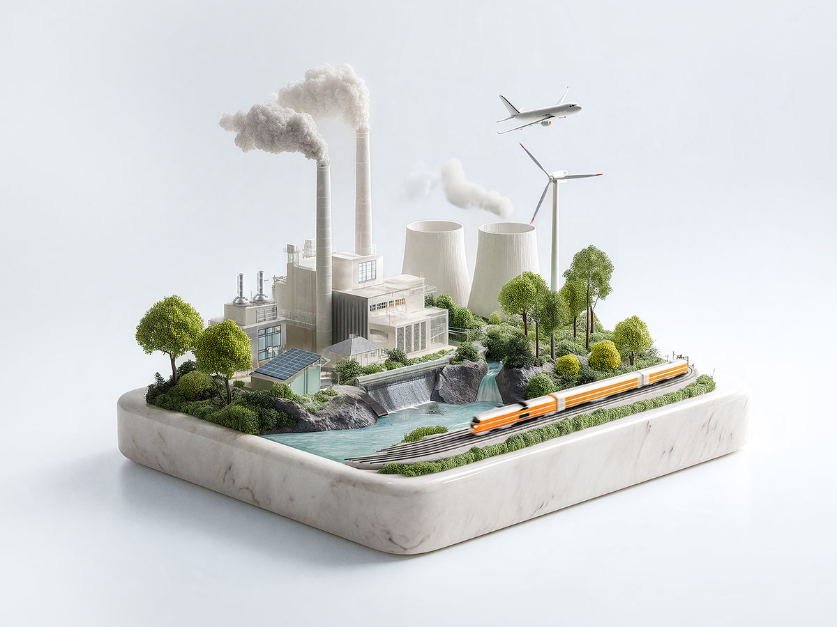 3D Welt auf einem weißen Sockel, Teile eines. Fabrik mit rauchnden Schornsteinen, Windräder, viele Bäume und Sträucher, Zug auf Schienen, Gewässer, Flugzeug in der Luft