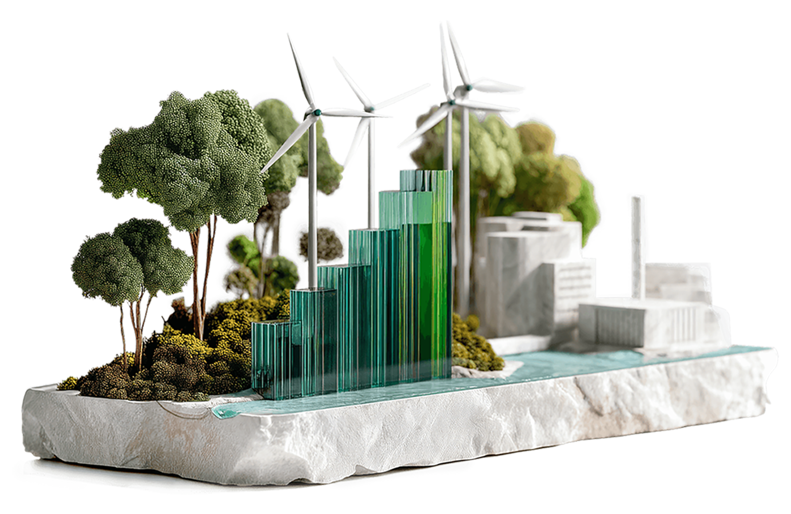 3D Welt mit gläsernem Balkendiagramm in Grün- und Blautönen, weißes Fabrikgebäude, Bäume und Büsche, kleines Gewässer
