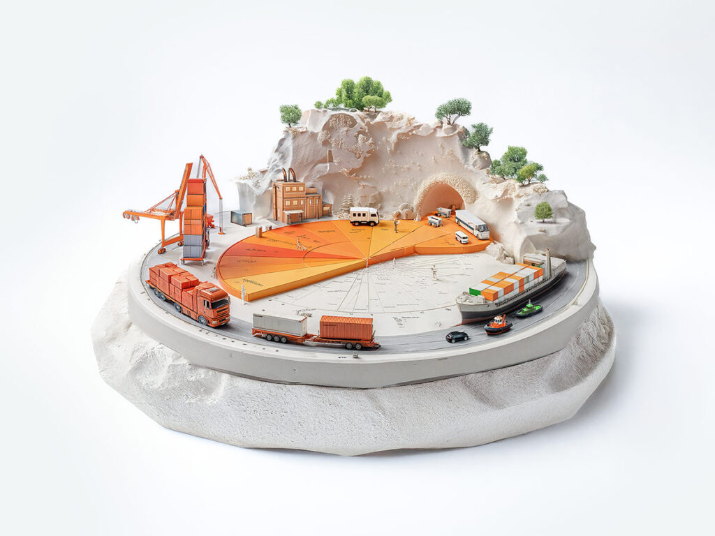 3D Welt auf einem runden Steinsockel mit einem flachen Tortendiagramm in Orangetönen, eine Straße rundherum, auf der Lastwagen fahren, ein Conteinerschiff, Hafenkräne, helle Felsen mit ein paar Büschen bewachsen, ein Tunnel im Felsen