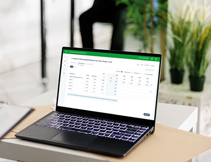 Klimabilanz CO2 Reporting und Management, Laptop mit leadity Software in Büro, GHG Protocol Daten
