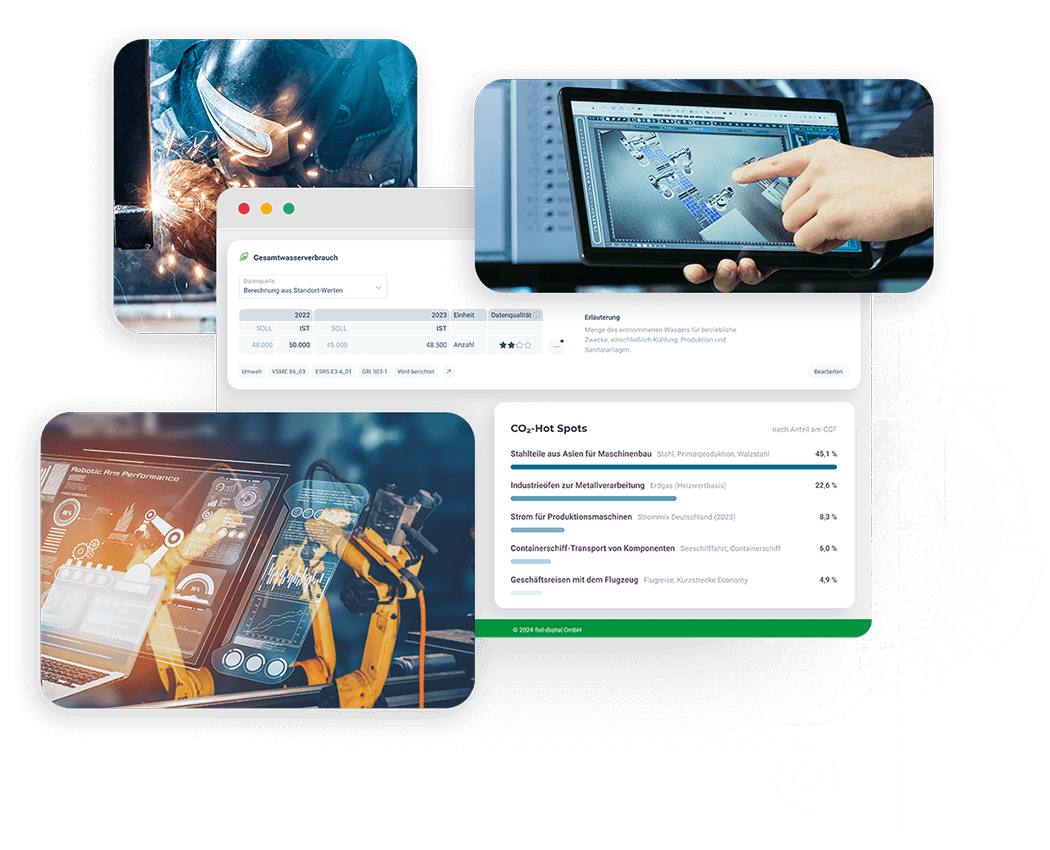 Keyvisual ESG Branchenlösung Maschinenbau Keyvisual Headerbild leadity ESG Branchenlösung Maschinenbau, Softwareelemente und Bilder von digitalen Interfaces, Schweißer, Roboterarm auf Tablet