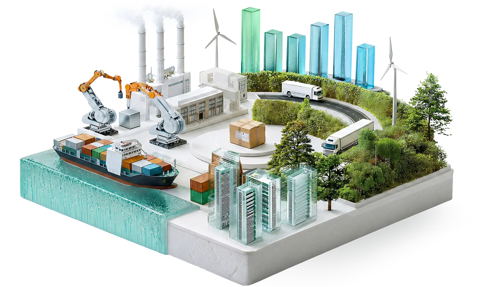 Illustration eines vernetzten ESG- und ISO-Managements mit Industrie, Lieferkette, erneuerbaren Energien, Daten und Natur