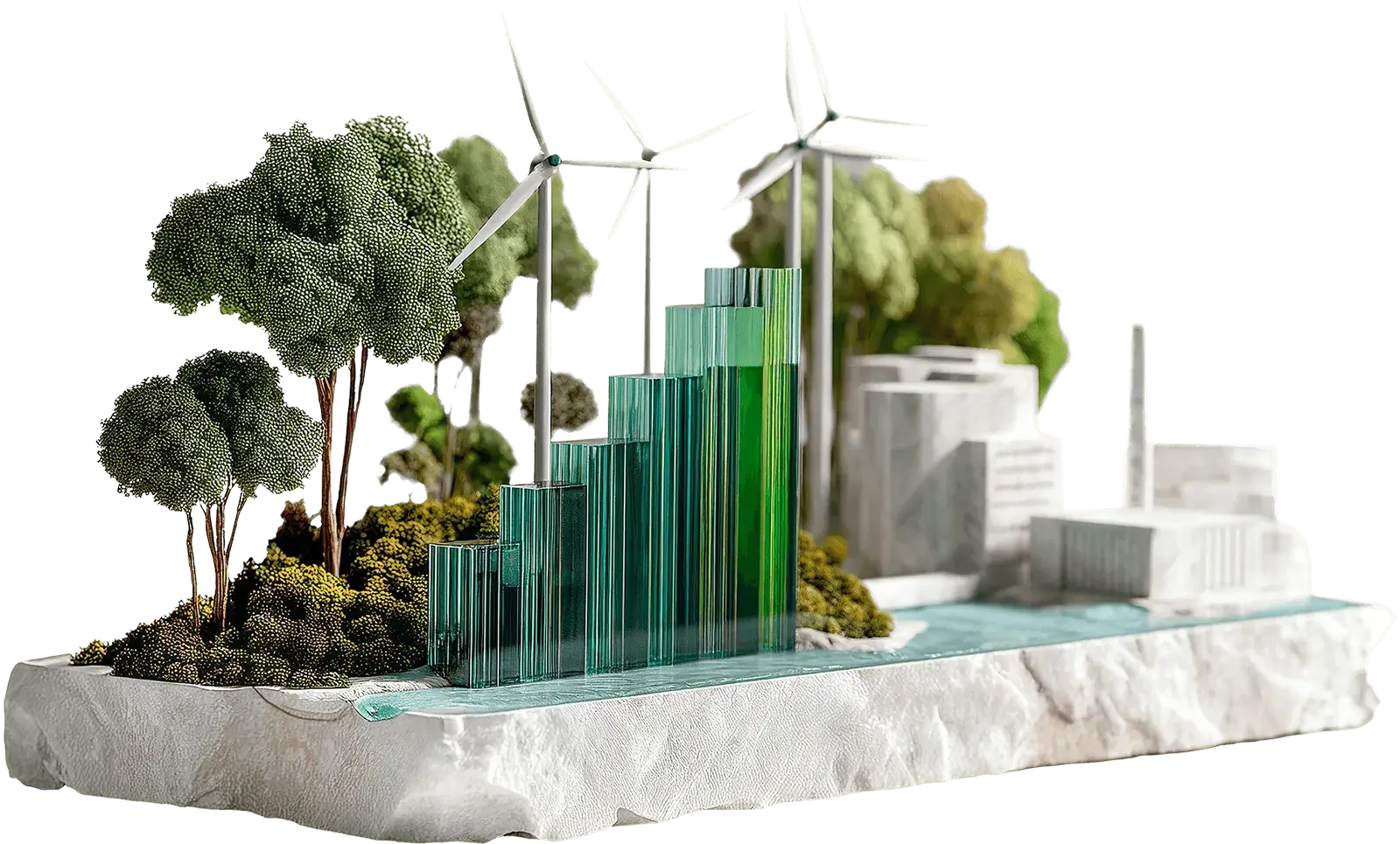 3D Welt mit gläsernem Balkendiagramm in Grün- und Blautönen, weißes Fabrikgebäude, Bäume und Büsche, kleines Gewässer