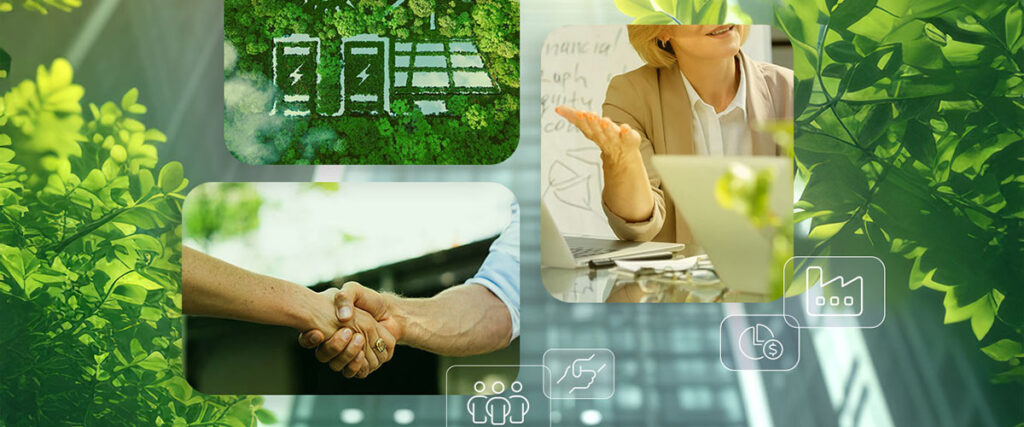 Titelbild ESG-Kriterien - Klimasymbole, Frau am Laptop, Handschlag, im Hintergrund Hochhäuser und Bäume