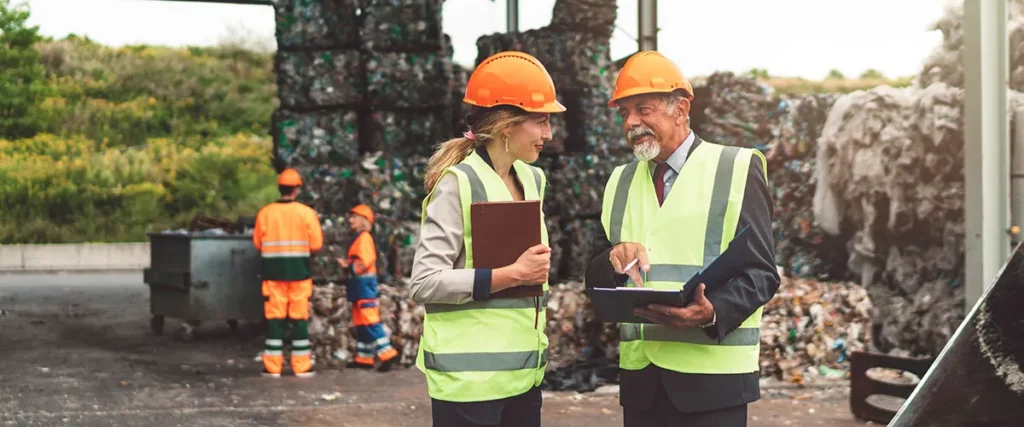 Zwei Fachkräfte im Recyclingbetrieb sprechen über Verpackungen und Abfallmanagement im Kontext der PPWR-Verordnung