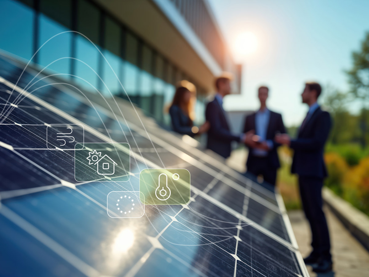 Science Based Targets Initiative Titelbild SBTi Artikel - Klimasymbole, im Hintergrund Solarpanels und Geschäftsmänner