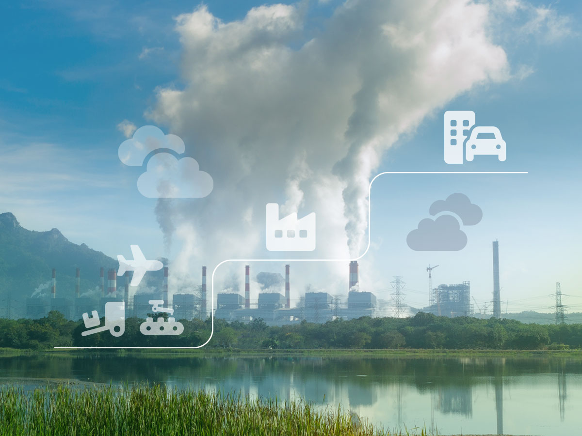 Titelbild Scope 1, 2 und 3 Emissionen, Klimasymbole, im Hintergrund eine Fabrik, ein See und Berge