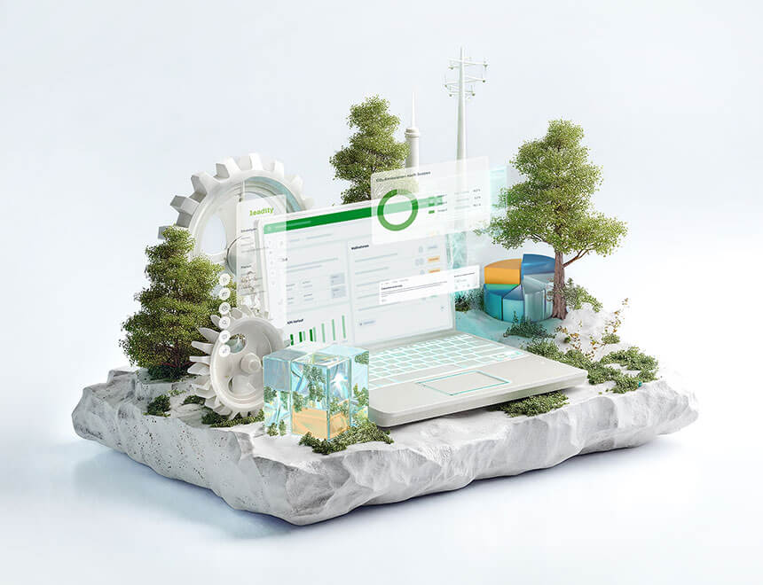 3D Visual Software und KI Funktionen, Zahnräder, Laptop mit leadity Software, kleine Bäume und Dashboard Elemente